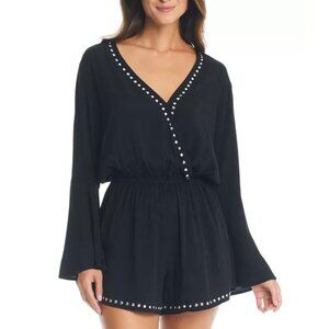 Bar III Women's Tell Me About It Stud Blacksilver Cover Up Romper NWT Large
